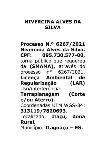 Licença Requerida - NIVERCINA ALVES DA SILVA